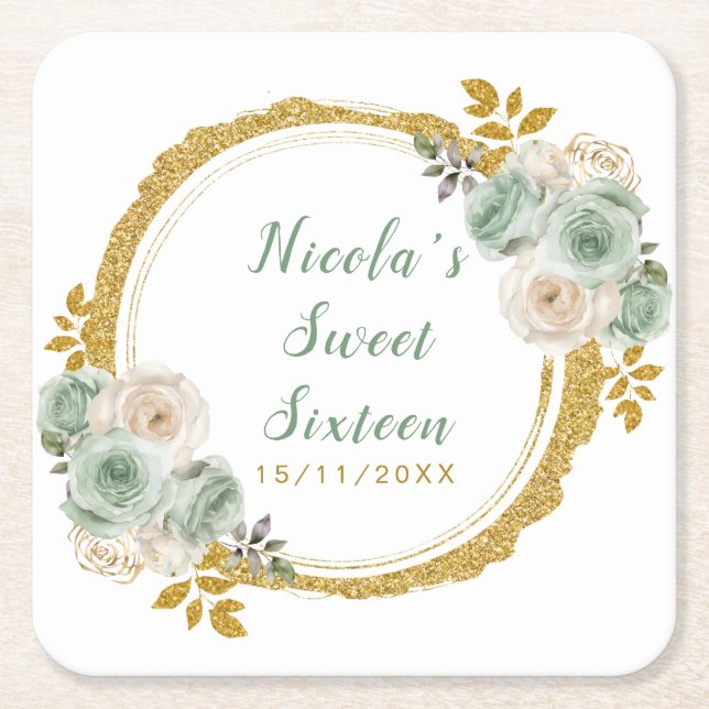Porta-copo De Papel Quadrado Sage Green and Gold Elegant Flowers Sweet Sixteen (Frente)