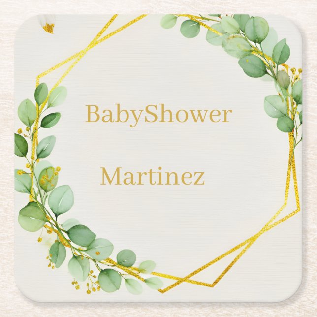 Porta-copo De Papel Quadrado Sage Green Eucalyptus Gold Baby Shower Coasters (Frente)