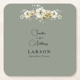 Porta-copo De Papel Quadrado Sage Green Floral Wedding Square Paper Coaster