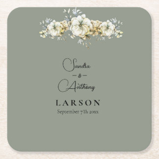 Porta-copo De Papel Quadrado Sage Green Floral Wedding Square Paper Coaster
