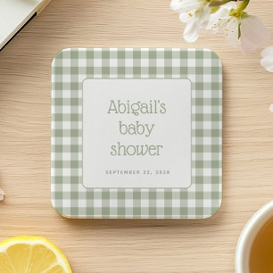 Porta-copo De Papel Quadrado Sage Green Gingham Cheque Chá de fraldas Russo