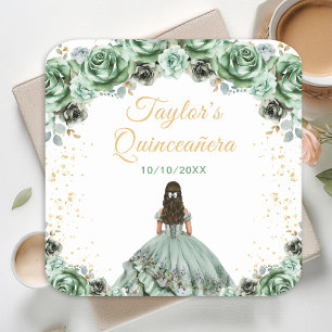 Porta-copo De Papel Quadrado Sage Verde Princesa Floral Quinceañera