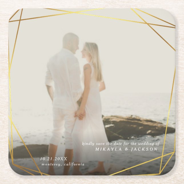 Porta-copo De Papel Quadrado Salve nossa data Geométrica Dourada Fotografia Pri (Frente)