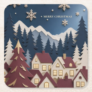 Porta-copo De Papel Quadrado Saudação de Natal, Vila de Inverno em Papel Recort