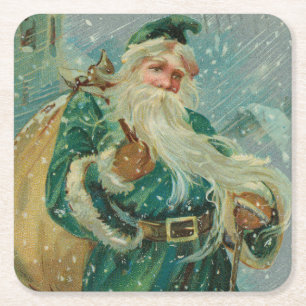 Porta-copo De Papel Quadrado Saudações de Natal-Carta Postal Retro do Papai Noe