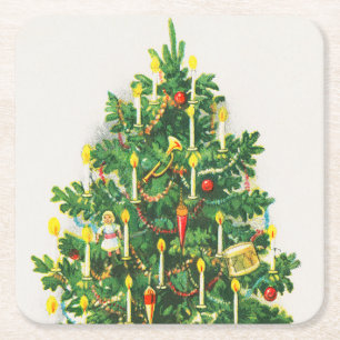 Porta-copo De Papel Quadrado Saudações de Natal, cartão antigo, Árvore de Natal