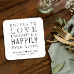 Porta-copo De Papel Quadrado Saúde Ama Rir Feliz Depois De Casar<br><div class="desc">Dê aos seus convidados de casamento,  festas de noiva e padrinhos de casamento uma divertida lembrança do seu dia especial. Este favor de casamento apresenta "Saúde ao Rir do Amor e Feliz Sempre Depois da Festa" numa mistura de tipografias modernas e elegantes,  seus primeiros nomes e data de casamento.</div>