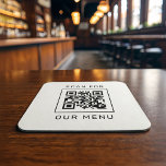 Porta-copo De Papel Quadrado Scan For Our Menu Custom QR Code and Logo<br><div class="desc">Modern and minimal black and white square paper coaster design created for a restaurant or bar features your custom QR code that will guide customers to "Scan for our Menu". The back of the card includes a company logo and custom text that can be personalized with the business name, website,...</div>