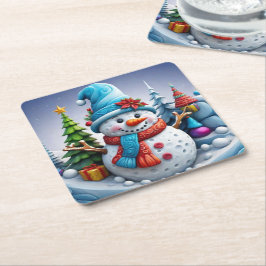 Porta-copo De Papel Quadrado Schneemann in Winterlandschaft -