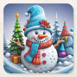 Porta-copo De Papel Quadrado Schneemann in Winterlandschaft -