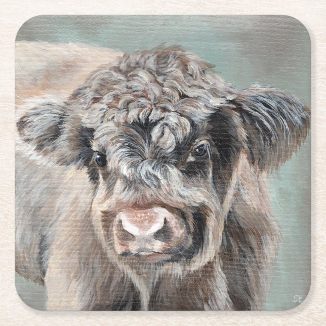 Porta-copo De Papel Quadrado Scottish Highland Calf on Green (Frente)