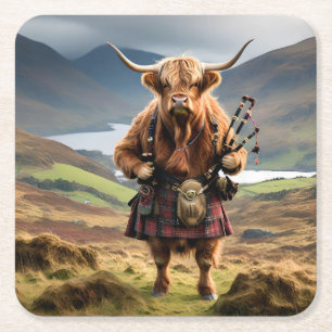 Porta-copo De Papel Quadrado Scottish Highland Cow Bagpiper,