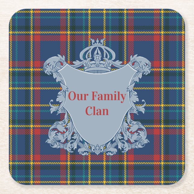 Porta-copo De Papel Quadrado Scottish Tartan Plaid, Name and Crest (Frente)