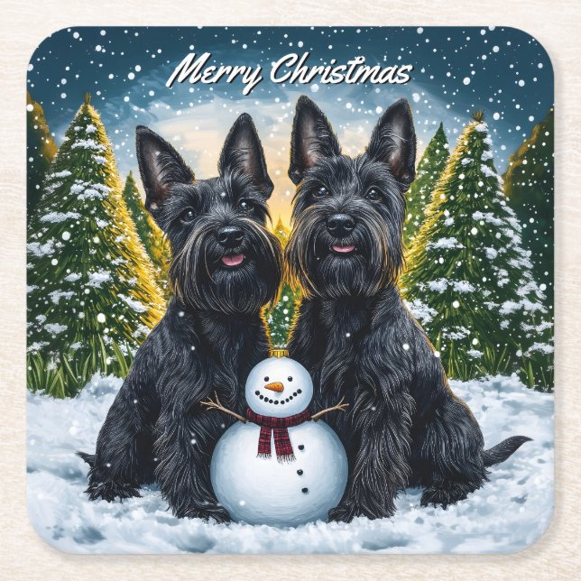 Porta-copo De Papel Quadrado Scottish Terriers and Snowman Christmas (Frente)