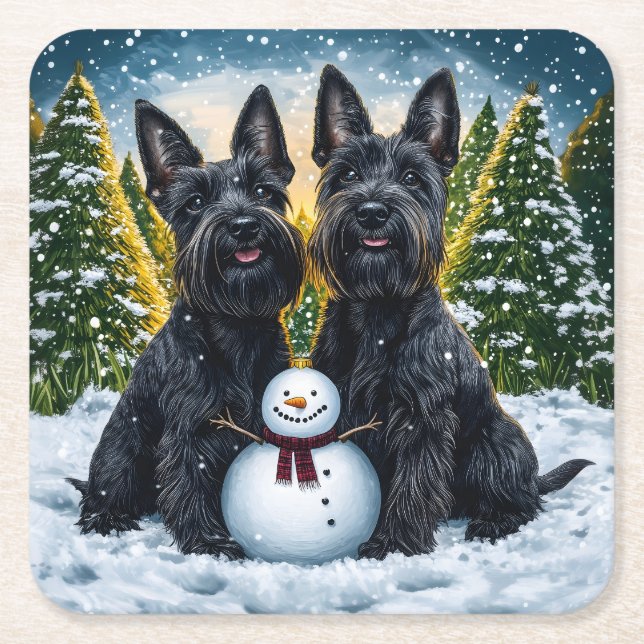 Porta-copo De Papel Quadrado Scottish Terriers and Winter Snowman (Frente)