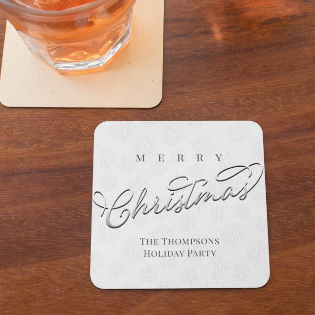 Porta-copo De Papel Quadrado Script de Natal Silver Merry Personalizado (Merry Christmas silver snowflake pattern holiday party paper coaster)