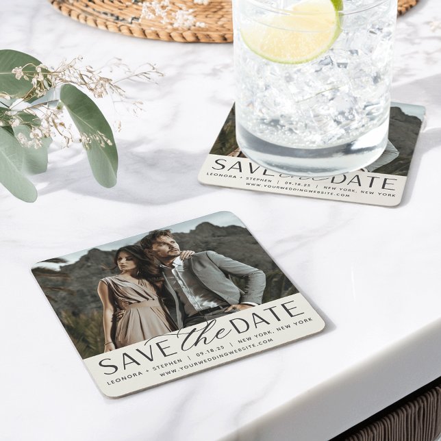 Porta-copo De Papel Quadrado Script Suave | Data de salvamento da foto (Criador carregado)