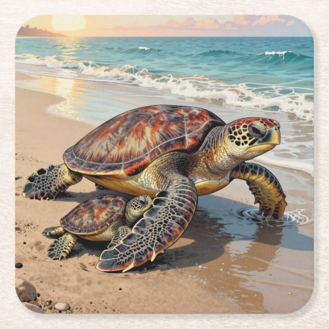 Porta-copo De Papel Quadrado Sea Turtle and Baby Illustration  (Frente)