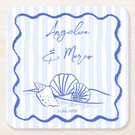 Porta-copo De Papel Quadrado Seashells Blue Wavy border praia favores de casame