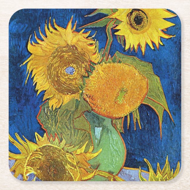 Porta-copo De Papel Quadrado Seis girassóis, Van Gogh (Frente)