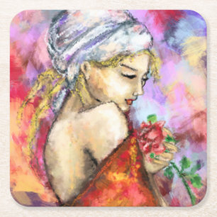 Porta-copo De Papel Quadrado Senhora com Rosa - Pintura Original da Mulher Abst