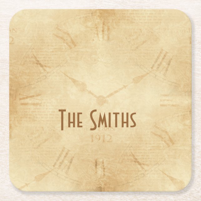 Porta-copo De Papel Quadrado Sepia Clock Face Steampunk (Frente)