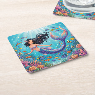 Porta-copo De Papel Quadrado Sereia Bonita de Desenho Animado sob o Mar