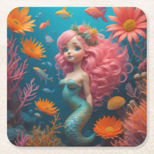 Porta-copo De Papel Quadrado Sereia - Cor-de-rosa
