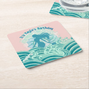 Porta-copo De Papel Quadrado Sereia Rosa Azul-turquesa Ondas do Oceano Festa de