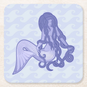 Porta-copo De Papel Quadrado Sereia Sentada Azul