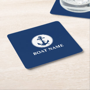 Porta-copo De Papel Quadrado Seu nome de barco é Classic Rope e Anchor Blue