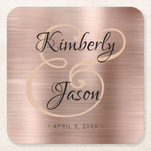 Porta-copo De Papel Quadrado Seus Nomes, Casamento de Metal em Rose Gold Escova
