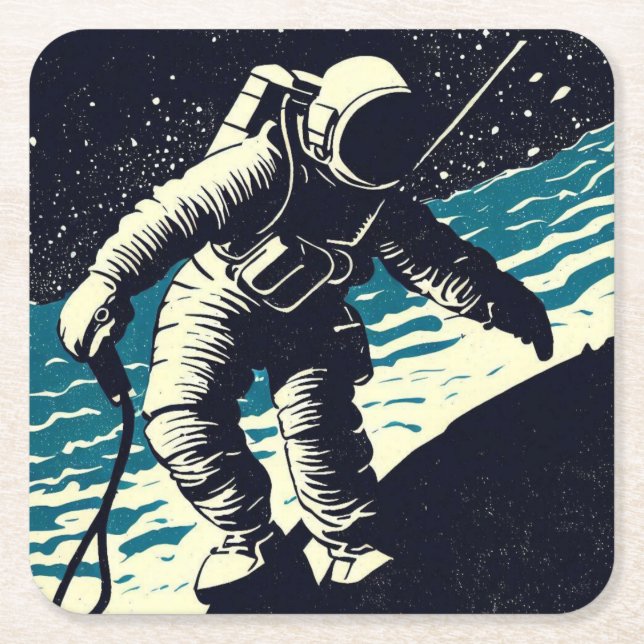 Porta-copo De Papel Quadrado SF - Astronauta no Spacewalk Woodcut 2 (Frente)