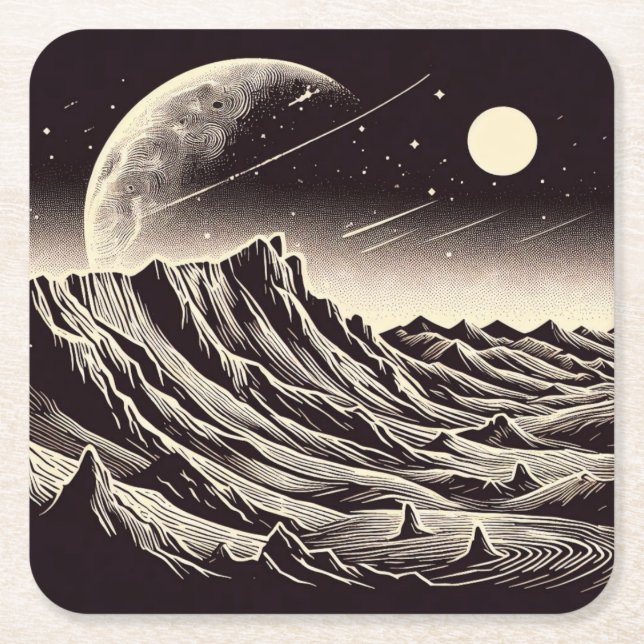 Porta-copo De Papel Quadrado SF Mars Landscape Woodcut 3 (Frente)