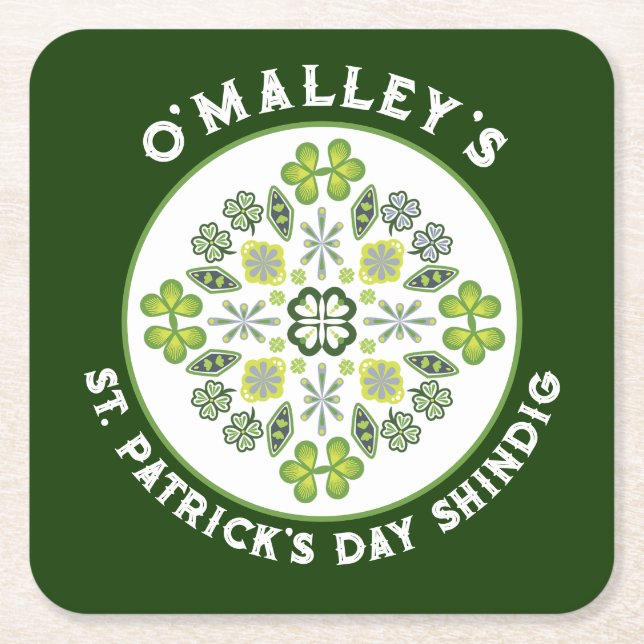 Porta-copo De Papel Quadrado Shamrock Clover Mandala Rua do Dia de Patrick (Frente)
