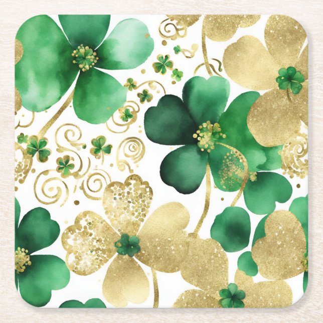 Porta-copo De Papel Quadrado Shamrock verde e Dourado (Frente)