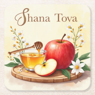 Porta-copo De Papel Quadrado Shana Tova Rosh Hashanah Apple e flores de mel