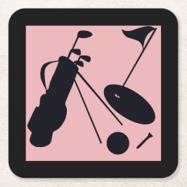Porta-copo De Papel Quadrado Silhuetas pretas de golfe em fundo rosa