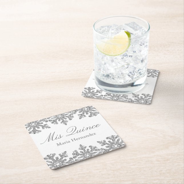 Porta-copo De Papel Quadrado Silver Snowflake Winter Quinceanera (Insitu)
