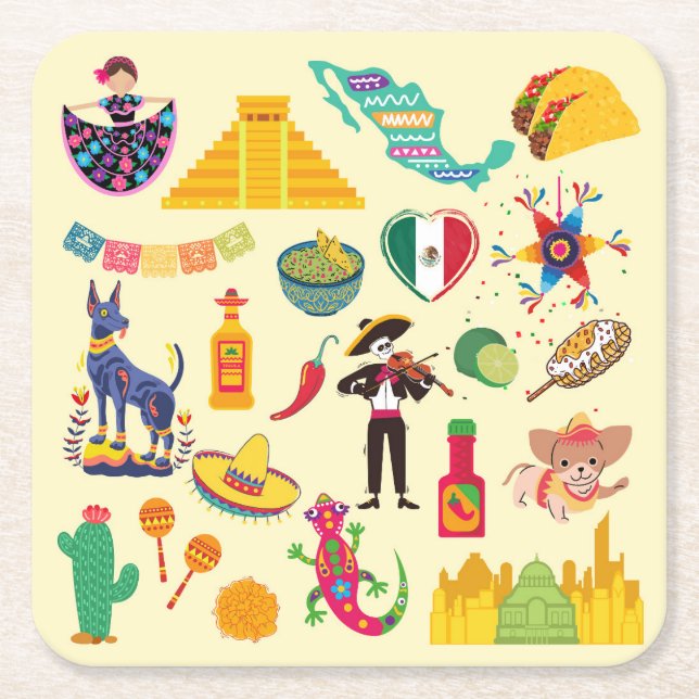 Porta-copo De Papel Quadrado Símbolos do México (Frente)