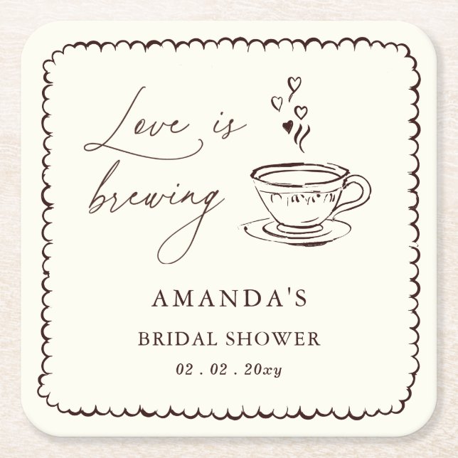 Porta-copo De Papel Quadrado Simple Love is Brewing Coffee Bridal Shower  (Frente)
