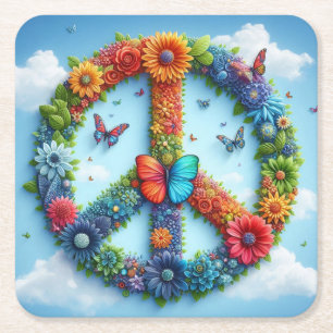Porta-copo De Papel Quadrado Sinal de Paz Floral Legal e Colorida com Borboleta