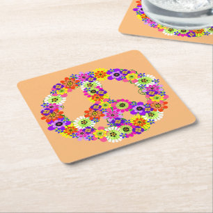 Porta-copo De Papel Quadrado Sinal de Paz Floral no Pêssego
