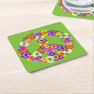Porta-copo De Papel Quadrado Sinal de Paz Floral no Verde limão