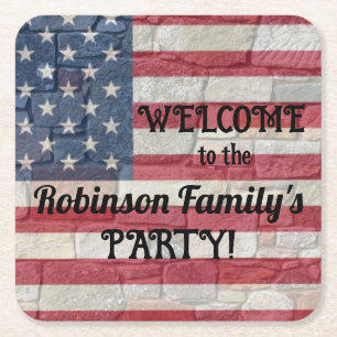 Porta-copo De Papel Quadrado Sinalizador Patriótico dos EUA em Texto de Caligra