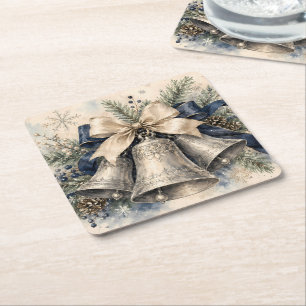 Porta-copo De Papel Quadrado Sinos de Natal em Prata Elegantes em Aquarela