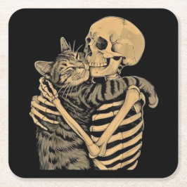 Porta-copo De Papel Quadrado Skeleton Hugging Cat – Cute Gothic Cat Lover Gift