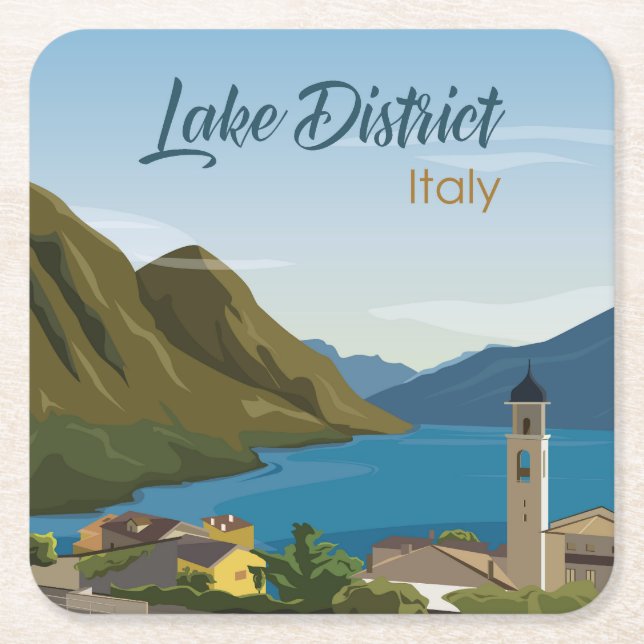 Porta-copo De Papel Quadrado Sketch do Distrito de Hand Drawn Lake Itália (Frente)