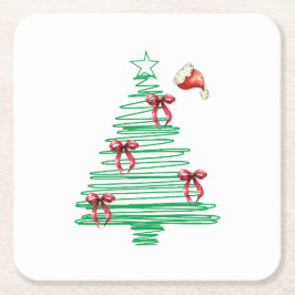 Porta-copo De Papel Quadrado sketchy christmas tree with red bow and santa hat