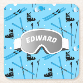 Porta-copo De Papel Quadrado Skier Personalised Skiing Themed Blue Apres Ski